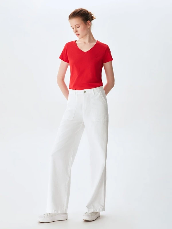 LTB Kadın Yüksek Bel Geniş Paça Beyaz Pantolon