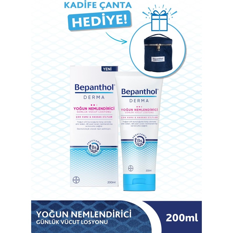 Bepanthol Kadife Çanta Hediyeli Bepanthol Derma 200ml Yoğun Nemlendirici Vücut Losyonu Günlük Kullanım İçin