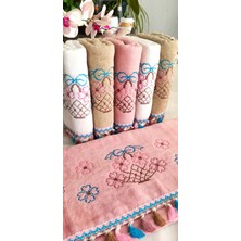 Z&N Style Annem Çeyizlik 50X90 Cm. Kanaviçe Çiçek Desenli Püsküllü Kadife Lüks Havlu Seti 6'lı Set