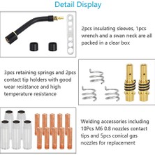 Kagen MB15 Nozullar Temas Uçları-12 x Akım Nozulu M6 0,8 mm 6 x Gaz Nozulu 2 x Nozul Tutucu 2 x Izolatör 1 x Anahtar 1 x Kuğu Boyun Kaynak Aleti 3 x Tespit Yayı-Gümüş ve Siyah (Yurt Dışından)