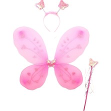 Toz Pembe Renk Kelebek Kanadı Tacı ve Sopası 50x37 cm