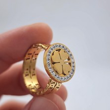 Hena Çelik Gold Zirkon Taşlı Yonca Yüzük