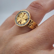 Hena Çelik Gold Zirkon Taşlı Yonca Yüzük