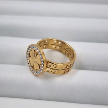 Hena Çelik Gold Zirkon Taşlı Yonca Yüzük