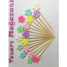 TM Tasarım Mağazası 50 Adet Dekoratif Çiçek Boncuklu Pasta Kürdanı 6,5 cm Karışık Renk - Papatyalı Kokteyl Kürdanı