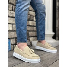 BOA BA0154  Bağcıksız Yüksek Taban Keten Krem Renk Püsküllü Erkek Ayakkabı