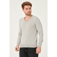 MFY Online Erkek %100 Pamuk Düz Triko Kazak V Yaka Tüylenmeyen Standart Fit Normal Kesim Açık Gri