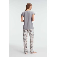 Anıl 9870 Ev Giyimi Kısa Kol V Yaka Kadın Bamboo Çiçek Desenli Yazlık Örme Normal Bel Pijama Takımı