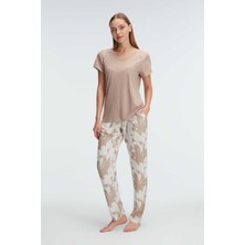 Anıl 9941 Kısa Kol Bisiklet Yaka Kadın Viskon Çiçek Desenli Yazlık Örme Dantel Detaylı Pijama Takımı