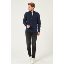 MFY Online Erkek %100 Pamuk Düz Triko Kazak Tam Fermuarlı Standart Fit Normal Kesim Indigo