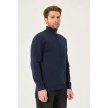 MFY Online Erkek %100 Pamuk Düz Triko Kazak Tam Fermuarlı Standart Fit Normal Kesim Indigo