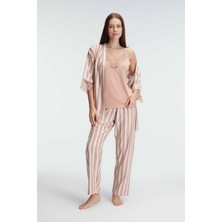 Anıl 5821 Ip Askılı V Yaka Kadın Viskon Çizgili Desenli Yazlık Örme Pijama Takımı Sabahlık