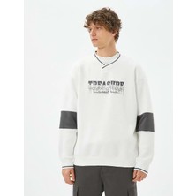 Koton Slogan Işlemeli Sweatshirt Bisiklet Yaka Kırçıllı Düşük Omuzlu Koton 4WAM70159MK Ekru L