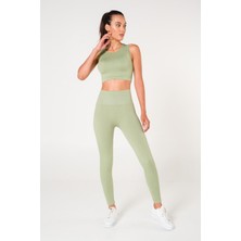 Modax Toparlayıcı Dikişsiz Fitilli Büstiyer Tayt Crop Top Takım Yeşil