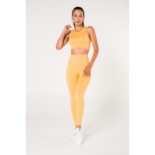 Modax Toparlayıcı Dikişsiz Fitilli Büstiyer Tayt Crop Top Takım Sarı