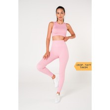 Modax Toparlayıcı Dikişsiz Fitilli Büstiyer Tayt Crop Top Takım Pembe