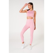 Modax Toparlayıcı Dikişsiz Fitilli Büstiyer Tayt Crop Top Takım Pembe