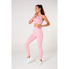 Modax Toparlayıcı Dikişsiz Fitilli Büstiyer Tayt Crop Top Takım Pembe