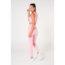 Modax Toparlayıcı Dikişsiz Fitilli Büstiyer Tayt Crop Top Takım Pembe