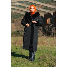 Minel Kadın Kürklü Çıtçıt Detaylı Kapitone Mont Siyah MNL-024M