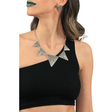 Labalaba Kadın Antik Gümüş Kaplama Etnik Kabartma Baskılı Üçgen Formlu Kolye & Küpe Set