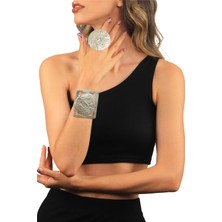 Labalaba Kadın Antik Gümüş Kaplama Ayarlanabilir Geniş Band Kabartma Dokulu Geometrik  Model Bileklik & Yüzük Set