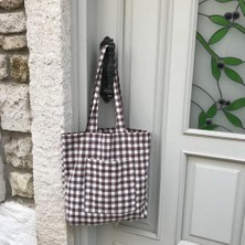 Sumicorn Design Kahverengi Pötikareli Çevre Dostu Bez Çanta,cepli Keten Kol ve Omuz Çantası,unisex Alışveriş Çantası