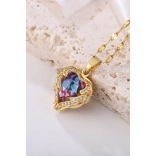Trend Collection Kadın Paslanmaz Çelik Gold Zirkon Taşlı Pembe Kalp Kolye