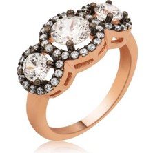 Gümüş Rose Pırlanta Montür 3 Taş Tria Bayan Yüzük