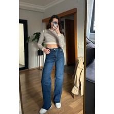 Açelya Okcu AÇELYAOKCU High Waist Wed Leg Kar Yıkama Geniş Paça Dikişsiz Jean