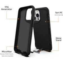 Canpay iPhone 15 Pro Max Uyumlu Kılıf Case, Metal Standlı Mat Airbag Anti Shock Tpu Kapak Cover Siyah