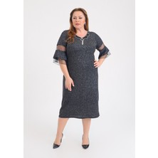 Lilas Xxl Büyük Beden Siyah Renkli Likralı Simli V Yaka Abiye Elbise