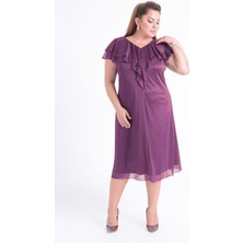 Lilas Xxl Büyük Beden Mürdüm Renkli Fırfır Yaka Şifon Kısa Abiye Elbise