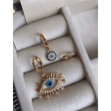 Aycha Aksesuar Çelik Nazar Boncuklu Gözlü Halkalı Zirkon Taş 3’lü Set Küpe