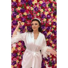 Lasilla Kişiye Özel Isimli Nakış Işlemeli Kollar Tüylü Bride Sabahlık, Gelin Sabahlığı