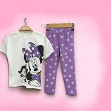 Lolli Boom Kids  Kız Çocuk Kaşkorse Taytlı T-Shirt Takım Mor Puantiye Mickey Baskılı