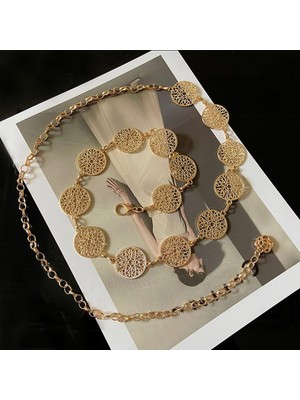 Xiaobaoyu Retro Hollow Out Gesneden Vrouwen Ketting Riem Ronde Metal Verstelbare Dunne Taille Keten Riemen Jurk Broek Decoratieve Broeksbanden Bandjes (Yurt Dışından)