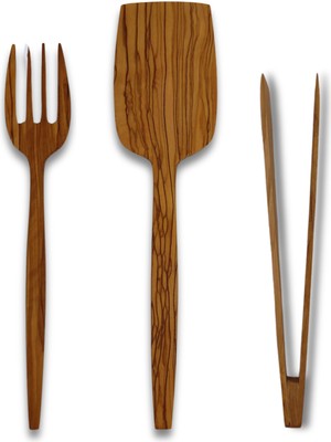 Bef Craft Tahta Yemek Servis Spatula Ahşap Servis Çatalı Ahşap Maşa 3'lü Set Zeytin Ağacı Mutfak Gereçleri Yemek Takımı