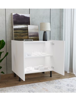 Subahome Modern Mdf Çok Amaçlı 80 cm 2 Kapaklı Beyaz Konsol- Demir Ayaklı Estetik Tasarım