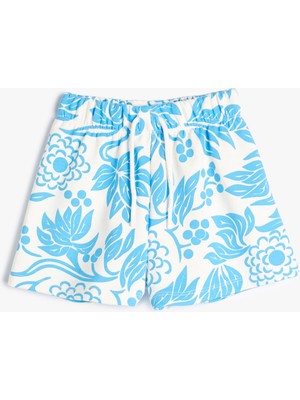 Koton Çiçekli Şort Beli Bağlamalı Kız Çocuk İçin Rahat Kesim Mavi Desenli