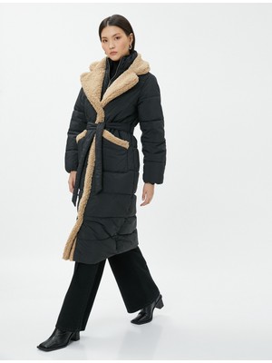 Koton Uzun Şişme Mont Kemerli Peluş Detaylı