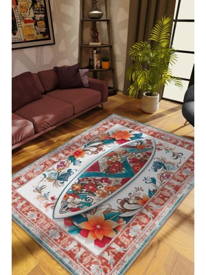 Homshtag Sörf Tahtası Desenli Halı Kırmızı Siyah Renkli Halı Uzakdoğu Spor Hediyelik Halı Spor Sever Halı