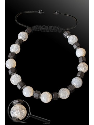 Tesbih Atölyesi Sertifikalı Silver Hematitli 8 mm Doğal Beyaz Akik Taşı Bileklik
