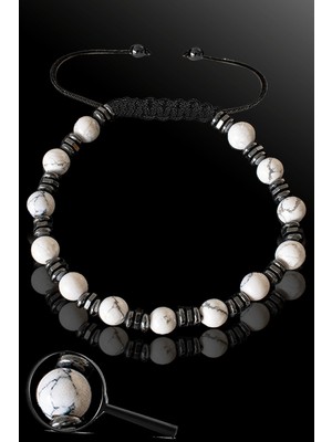 Tesbih Atölyesi Sertifikalı Silver Hematitli 6 mm Doğal Havlit Taşı Bileklik - Ayarlamalı