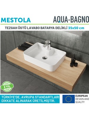 Aqua Bagno Mestola Tezgah Üstü Kare Çanak Lavabo Batarya Delikli 50 x 35 cm Beyaz