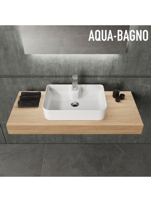 Aqua Bagno Mestola Tezgah Üstü Kare Çanak Lavabo Batarya Delikli 50 x 35 cm Beyaz