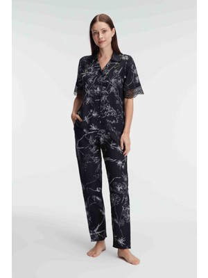 Anıl 9895 Yarım Kollu V Yaka Kadın Viskon Çiçek Desenli Yazlık Dokuma Dantel Detaylı Pijama Takımı