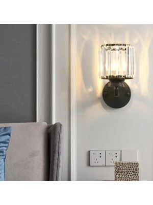 Buiva Modern Luxury Pilli Aplik Kristal Taşlı Ledli Aplik Tak Çalıştır Mat Siyah Gövde