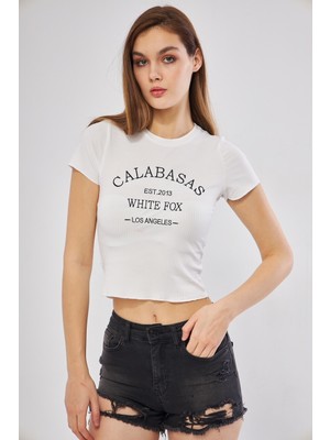 Sassys Mode Kadın Yazılı Beyaz Crop Tshirt