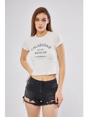 Sassys Mode Kadın Yazılı Beyaz Crop Tshirt